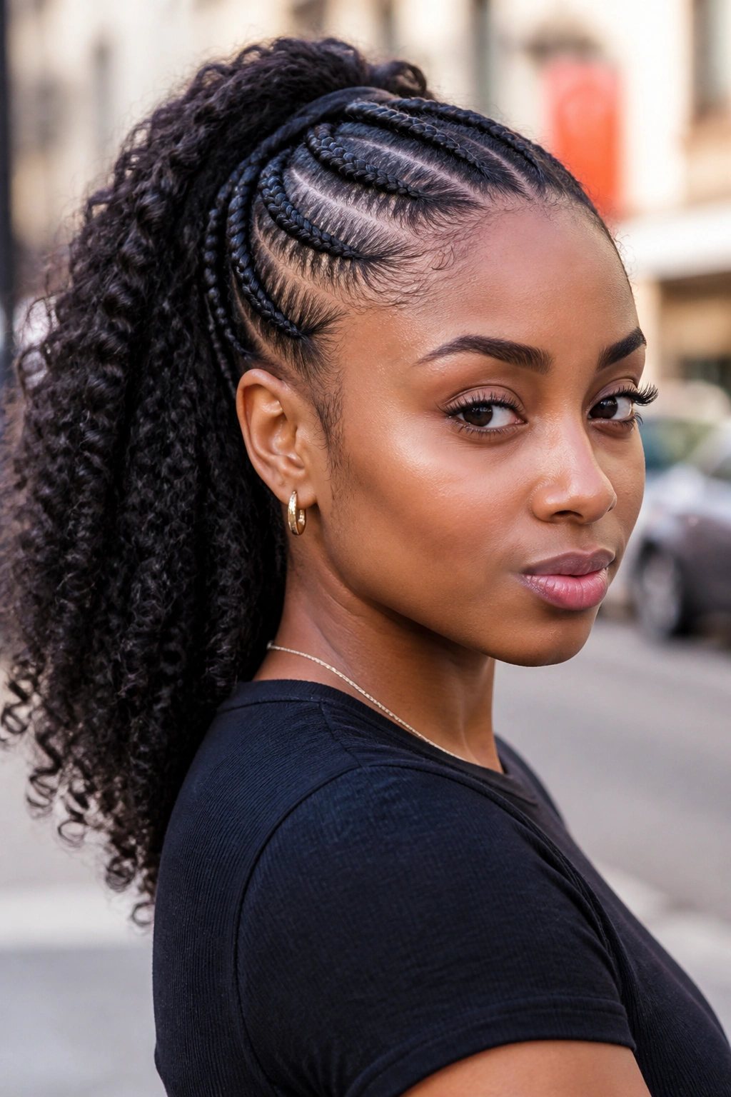 Close-up of a woman with cornrow ponytail and curly length.
