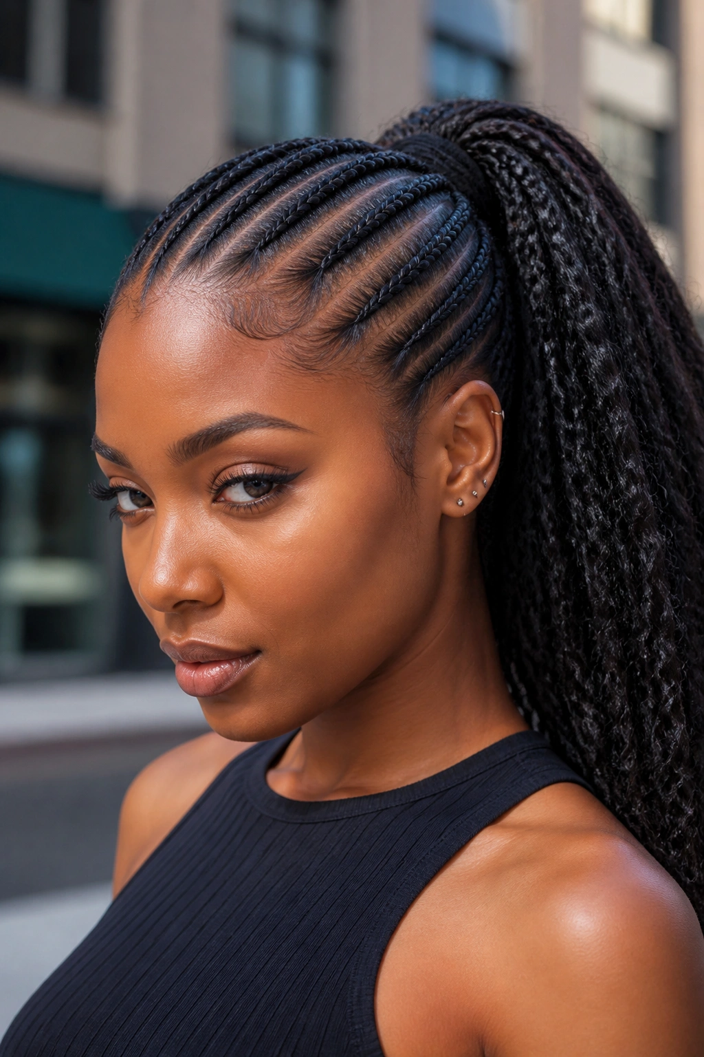 Close-up of a real woman with cornrows flowing into a ponytail outdoors
