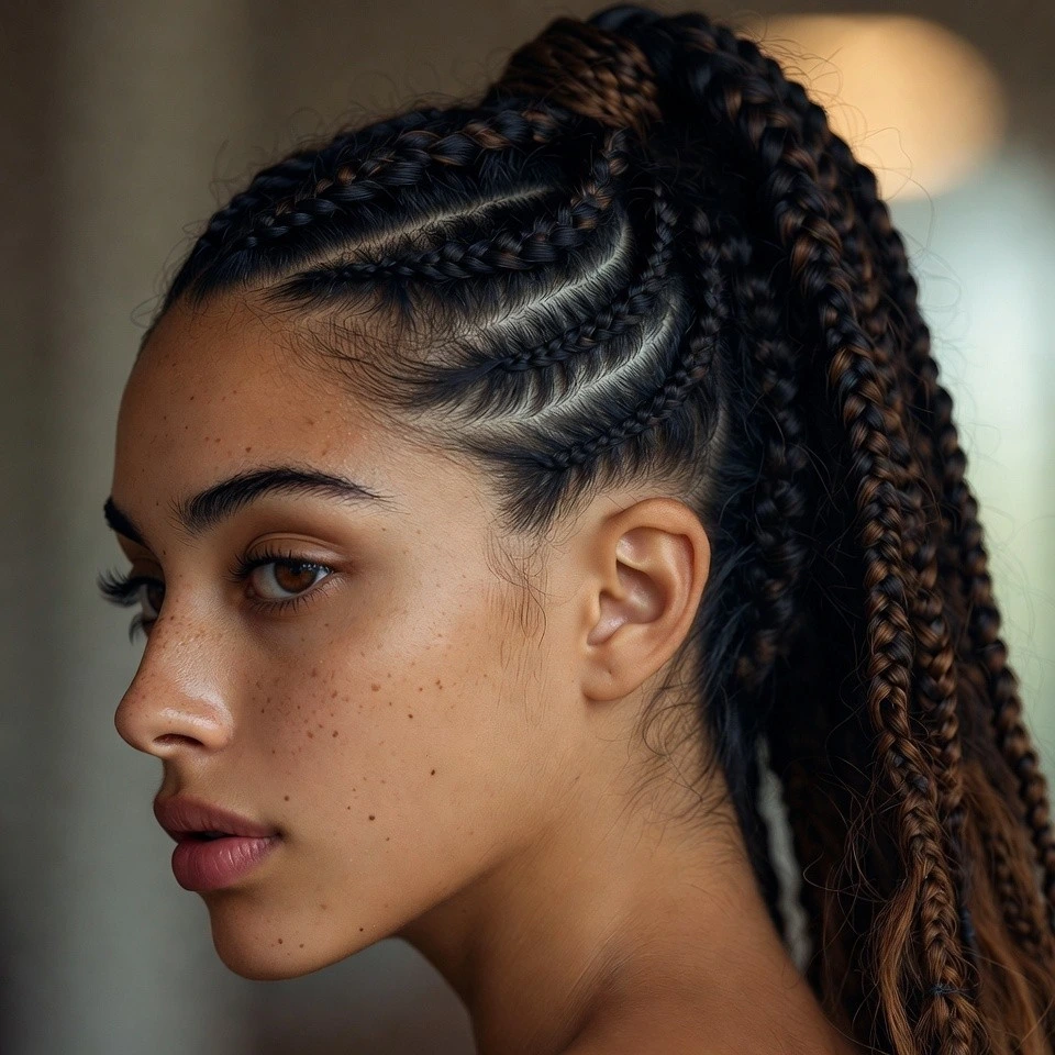 Portrait of a real woman with cornrows forming a ponytail and a wrapped base, smooth transition at the scalp.