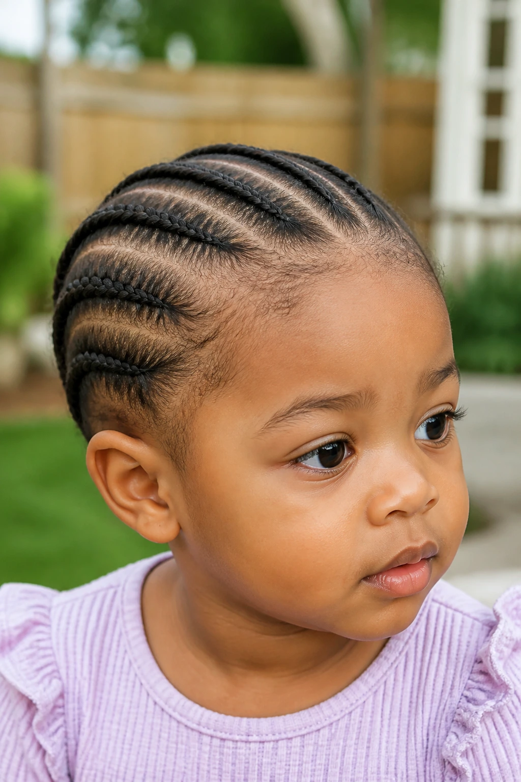 Close-up of a real toddler with neat cornrow rows on coily hair
