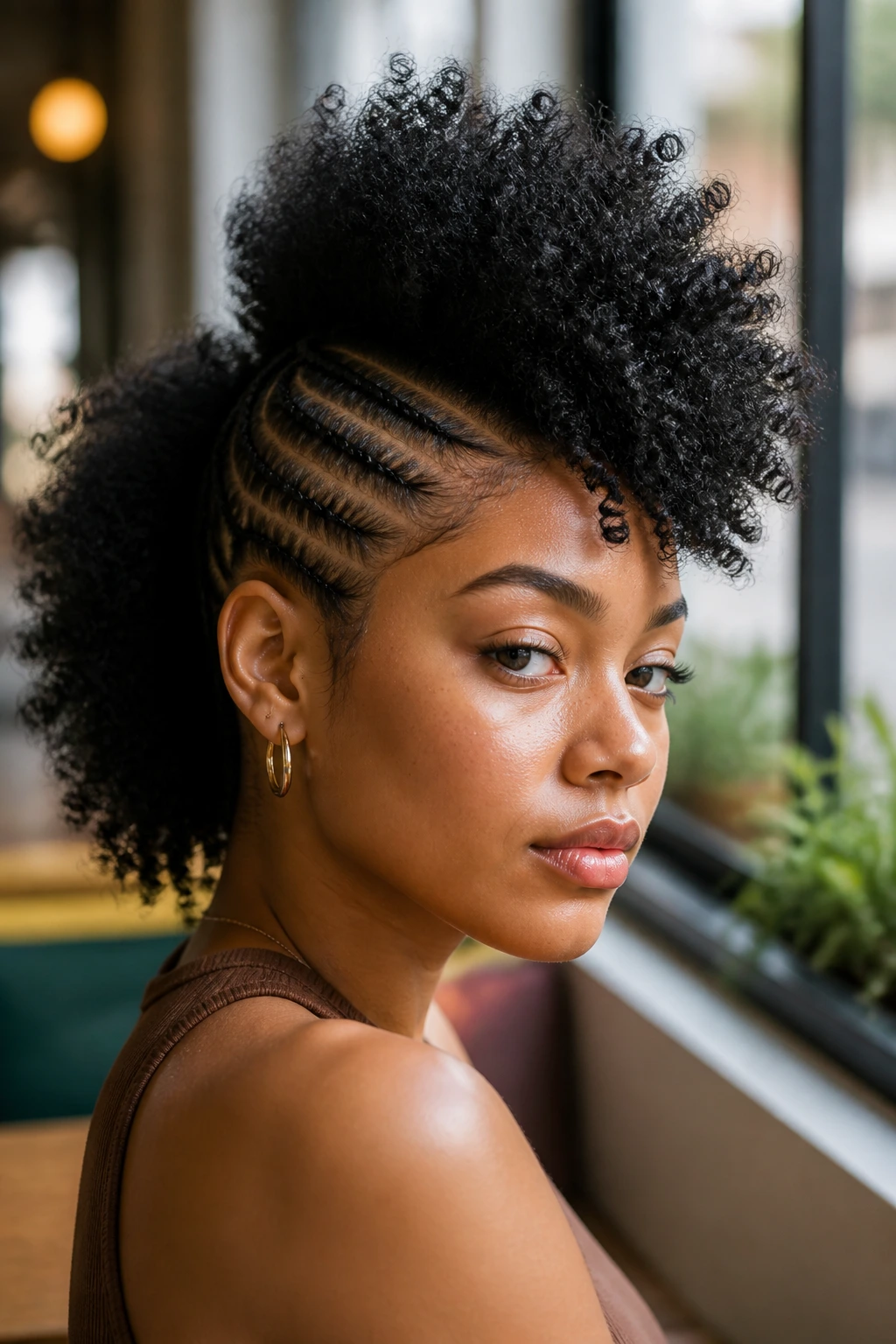 Close-up of a real person wearing a Frohawk with Cornrowed Sides