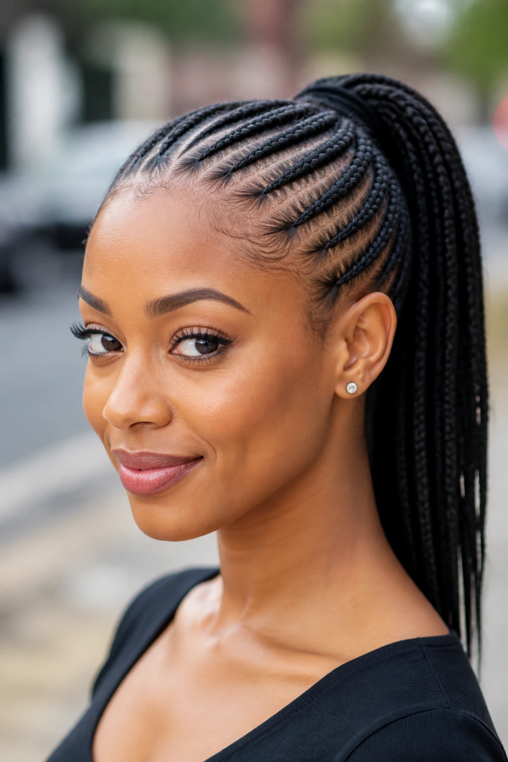 Close-up portrait of a real woman with cornrow braids into a ponytail