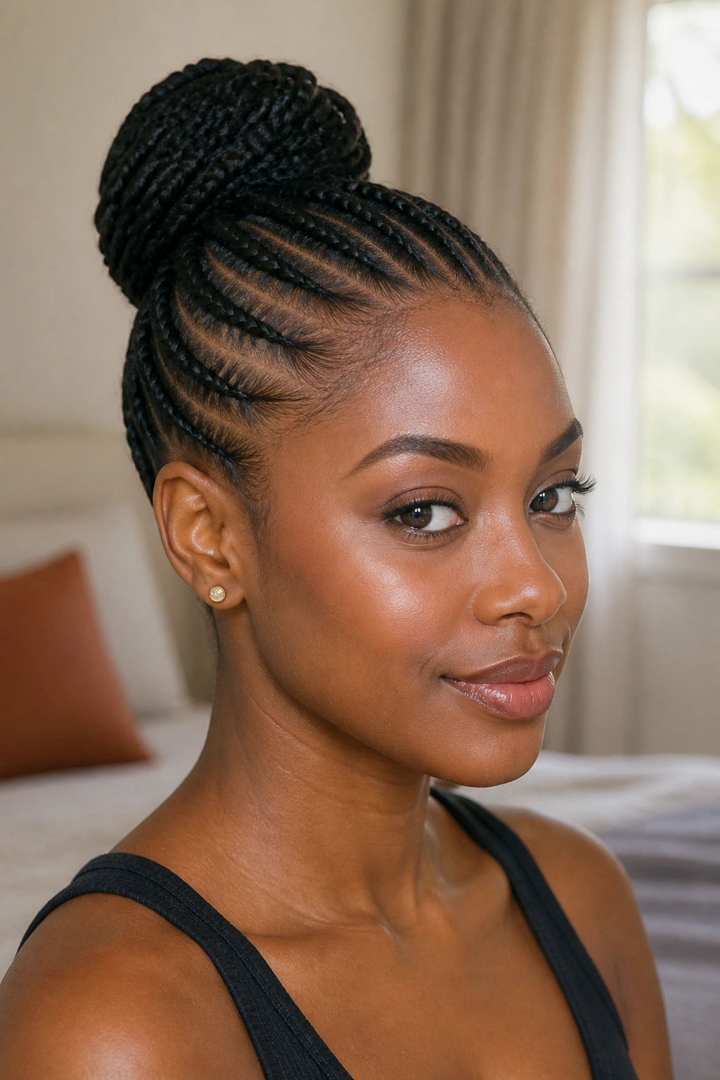 Close-up of a real woman with cornrows feeding into a tidy bun at the crown.