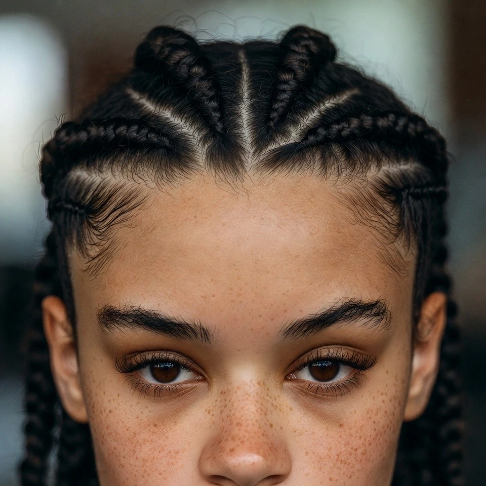 Close-up of a real woman with a cornrow crown and closed-back undercut