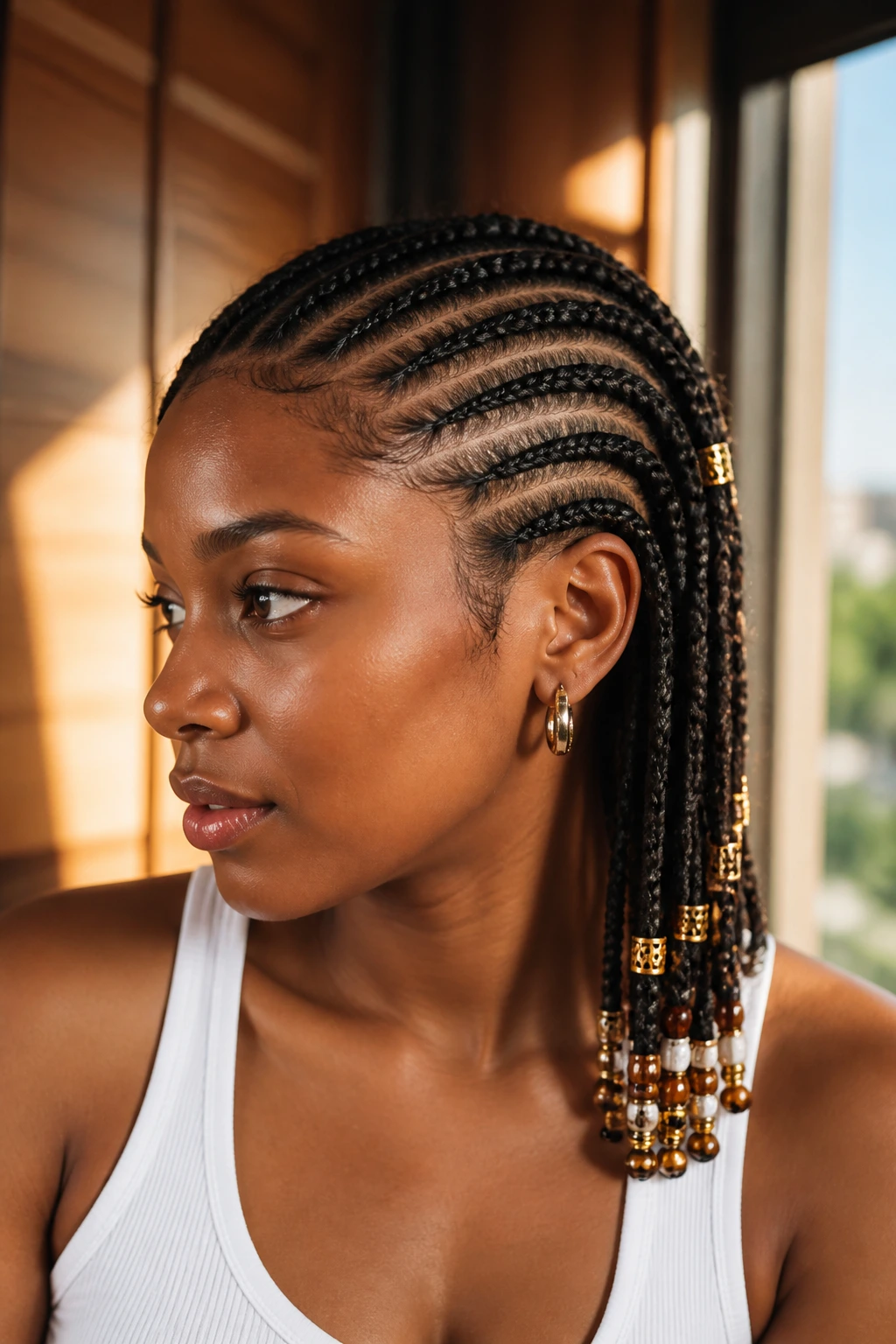Real woman with side cornrows adorned with cuffs and beads in a sunlit room