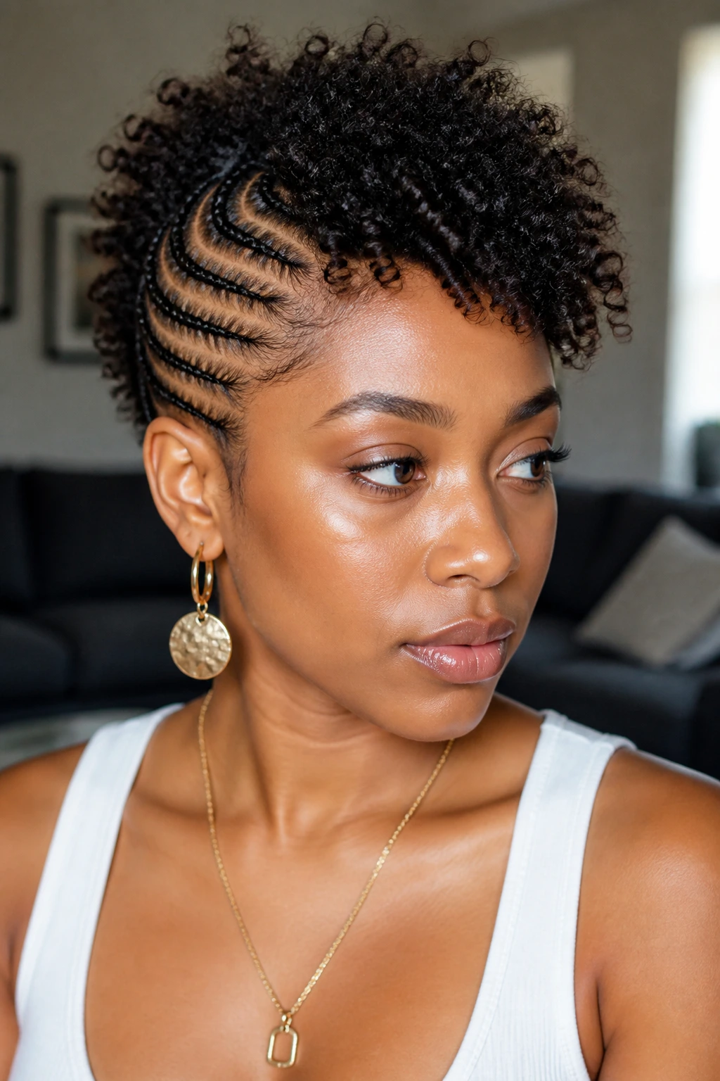 Portrait of a woman with cornrows on the sides and a curly center