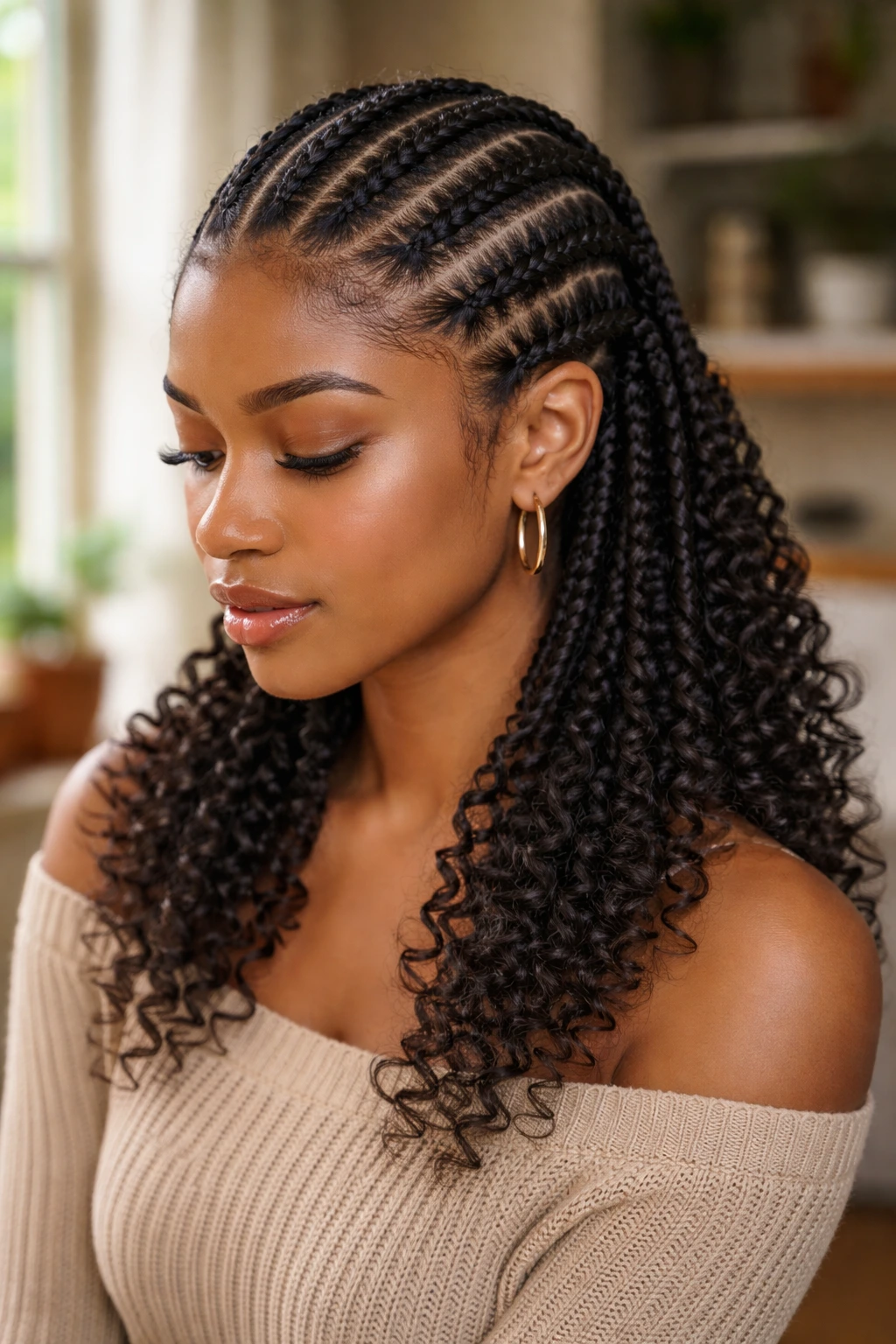 Close-up portrait of a real person with cornrows and curly ends.