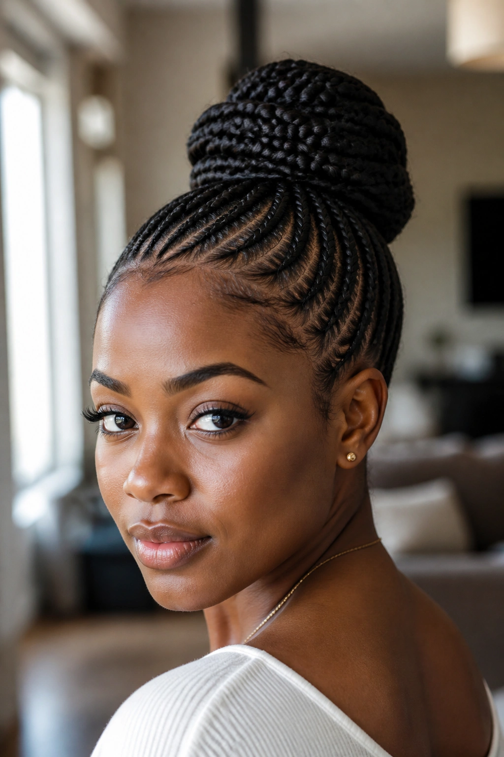 Close-up portrait of a woman with cornrows rising into a lifted bun above the nape under soft window light