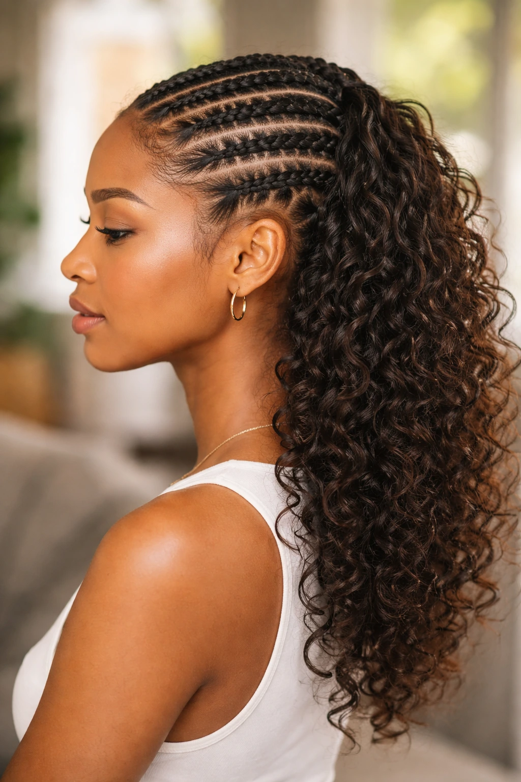 Close-up of a real person with cornrows flowing into loose curls
