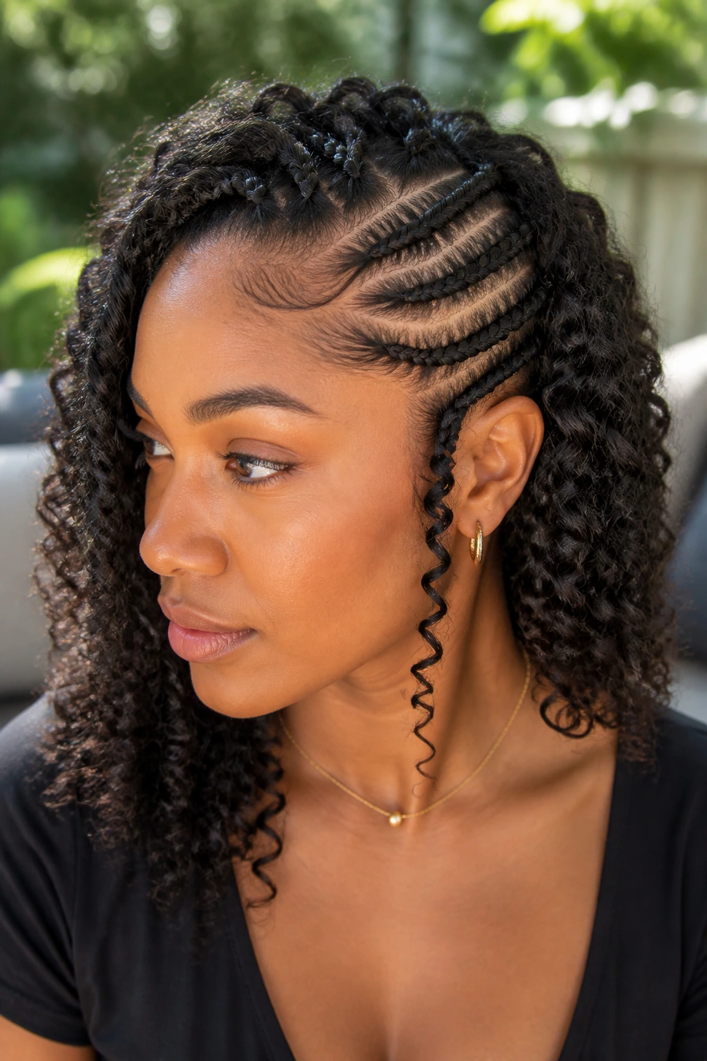 Close-up of side cornrows with loose curls at the ends on a real woman outdoors.