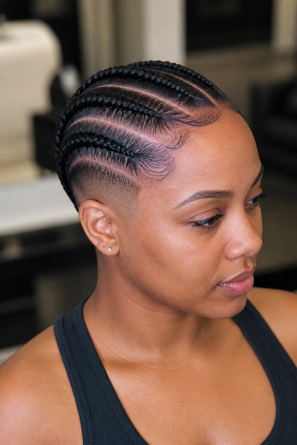 Close-up of a woman with classic feed-in cornrows and a low fade