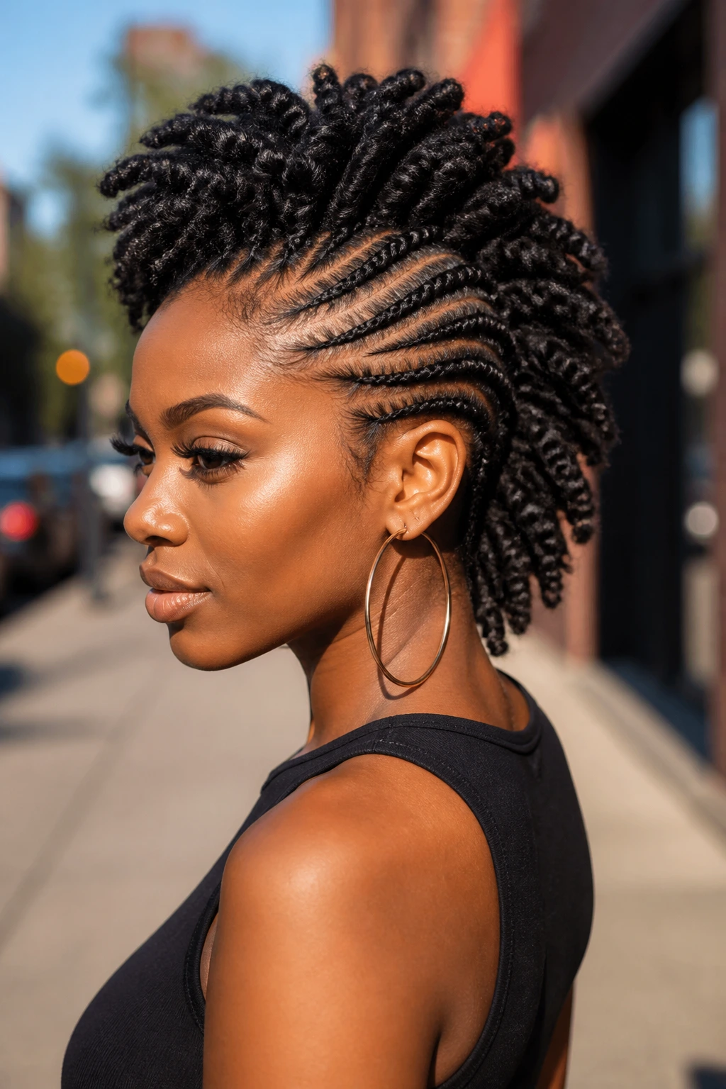 Portrait of a Black woman with cornrows forming a mohawk, outdoors in sunlight.