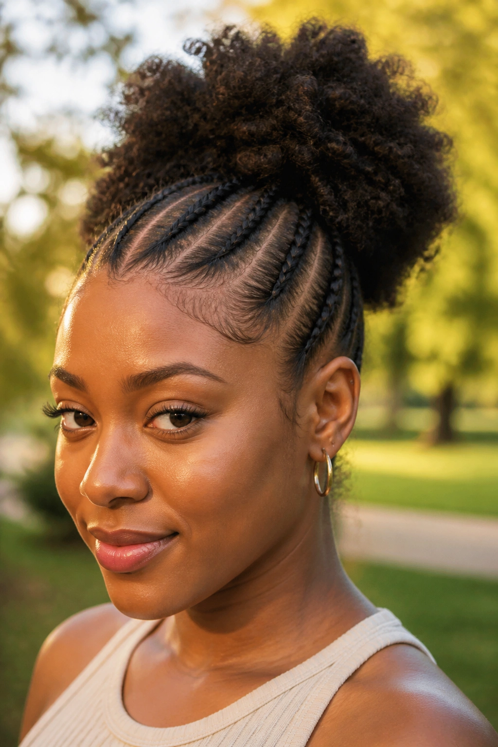 Close-up of a real person with cornrows feeding into a high puffy ponytail
