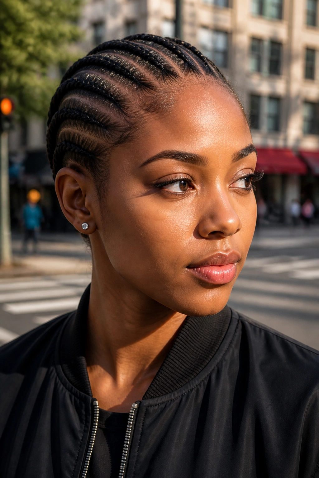 Close-up of a real woman with neat cornrows on an urban street backdrop.