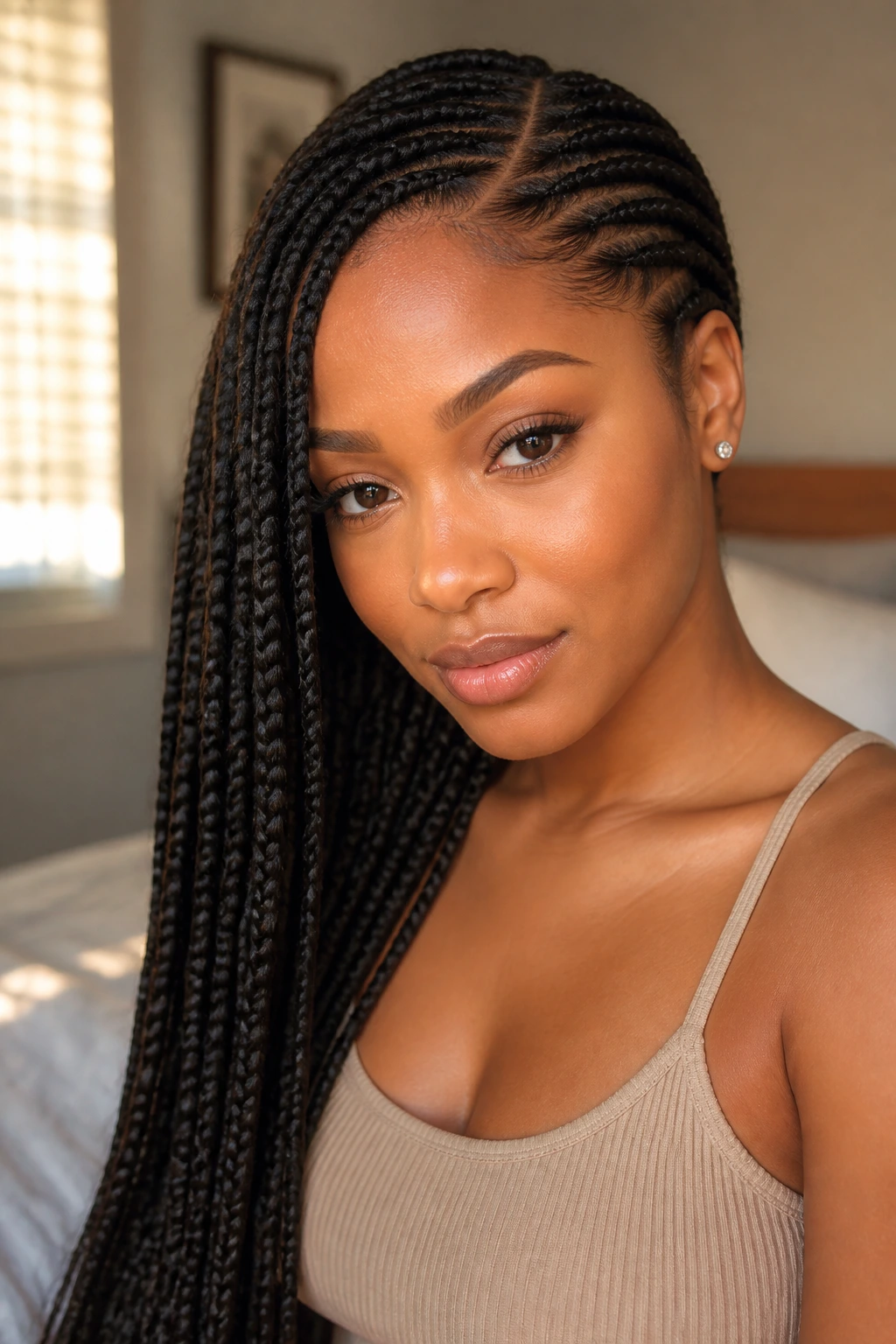 Close-up of a real woman with deep side-part cornrows cascading over one shoulder in warm window light.