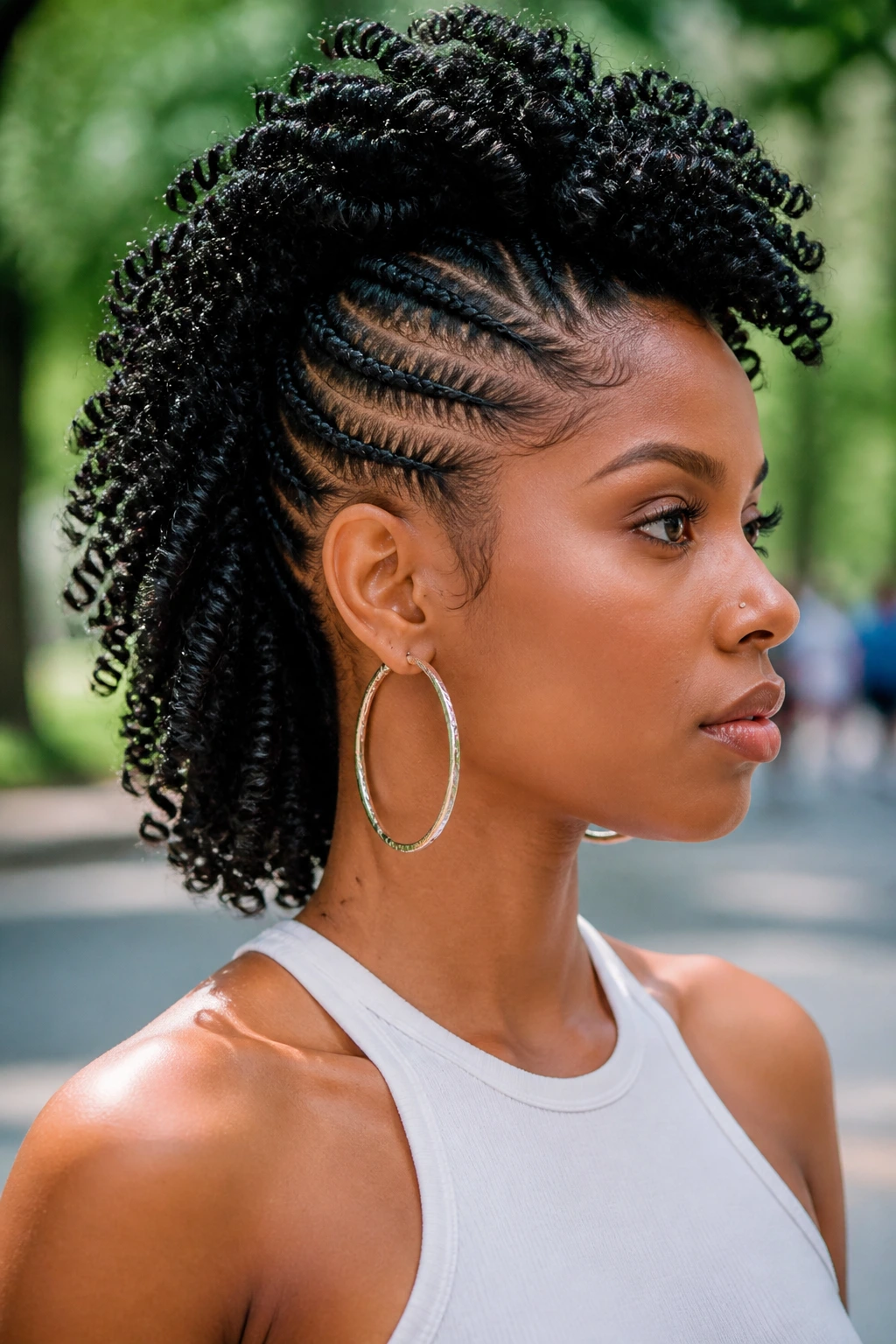 Portrait of a woman with cornrows on the sides and spring twists mohawk.
