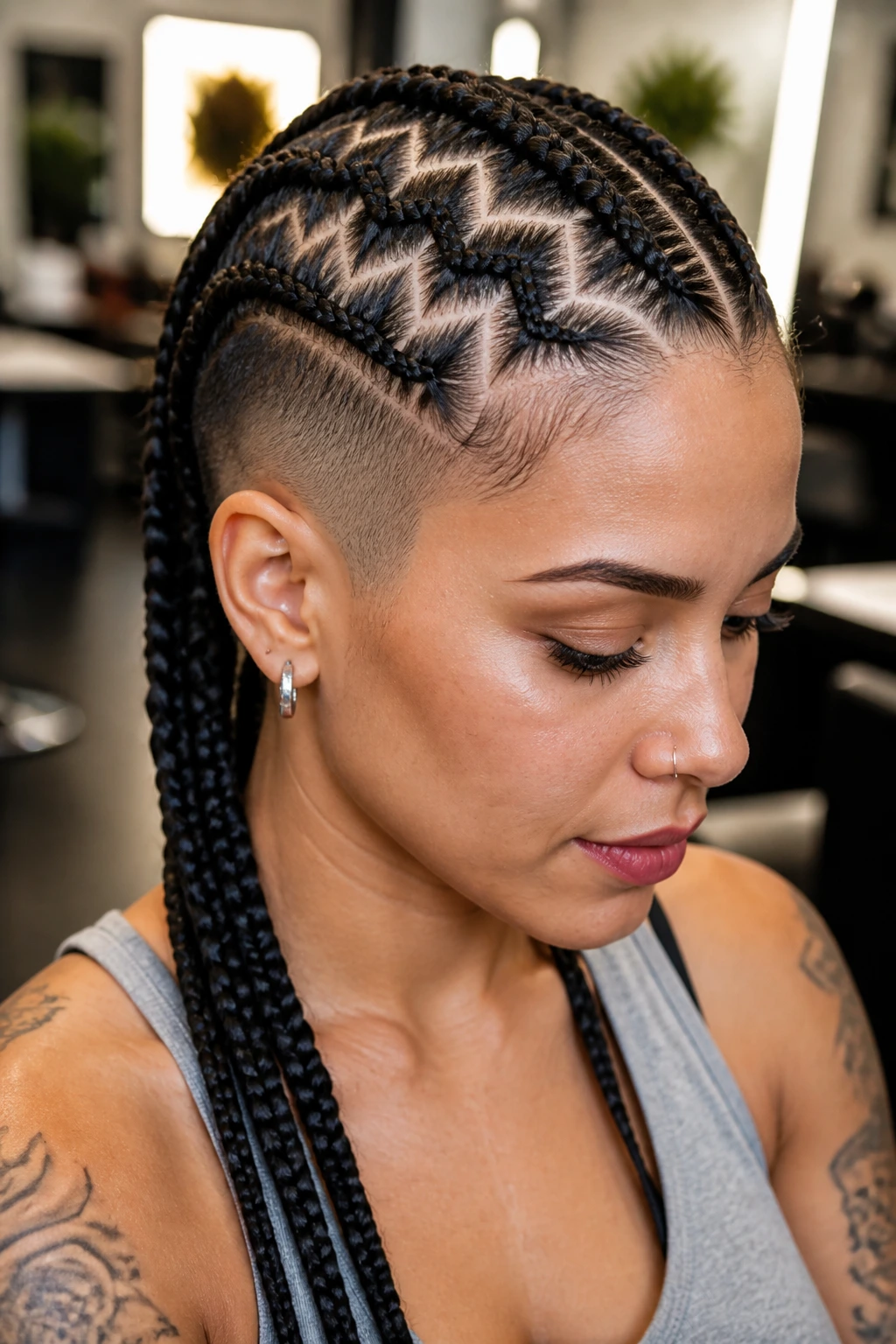 Close-up of a woman with zigzag part cornrows and temple fade