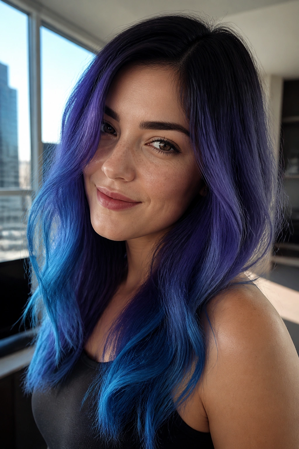 Close-up of hair with dark root, blue-violet midsection, and bright blueberry ends.