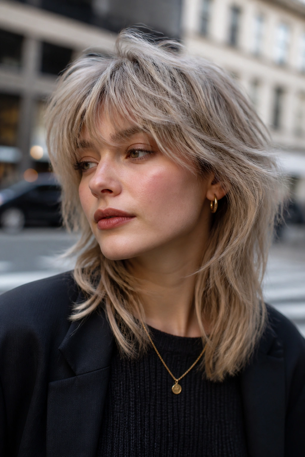 Real woman with cotton beige shag in an urban daylight setting