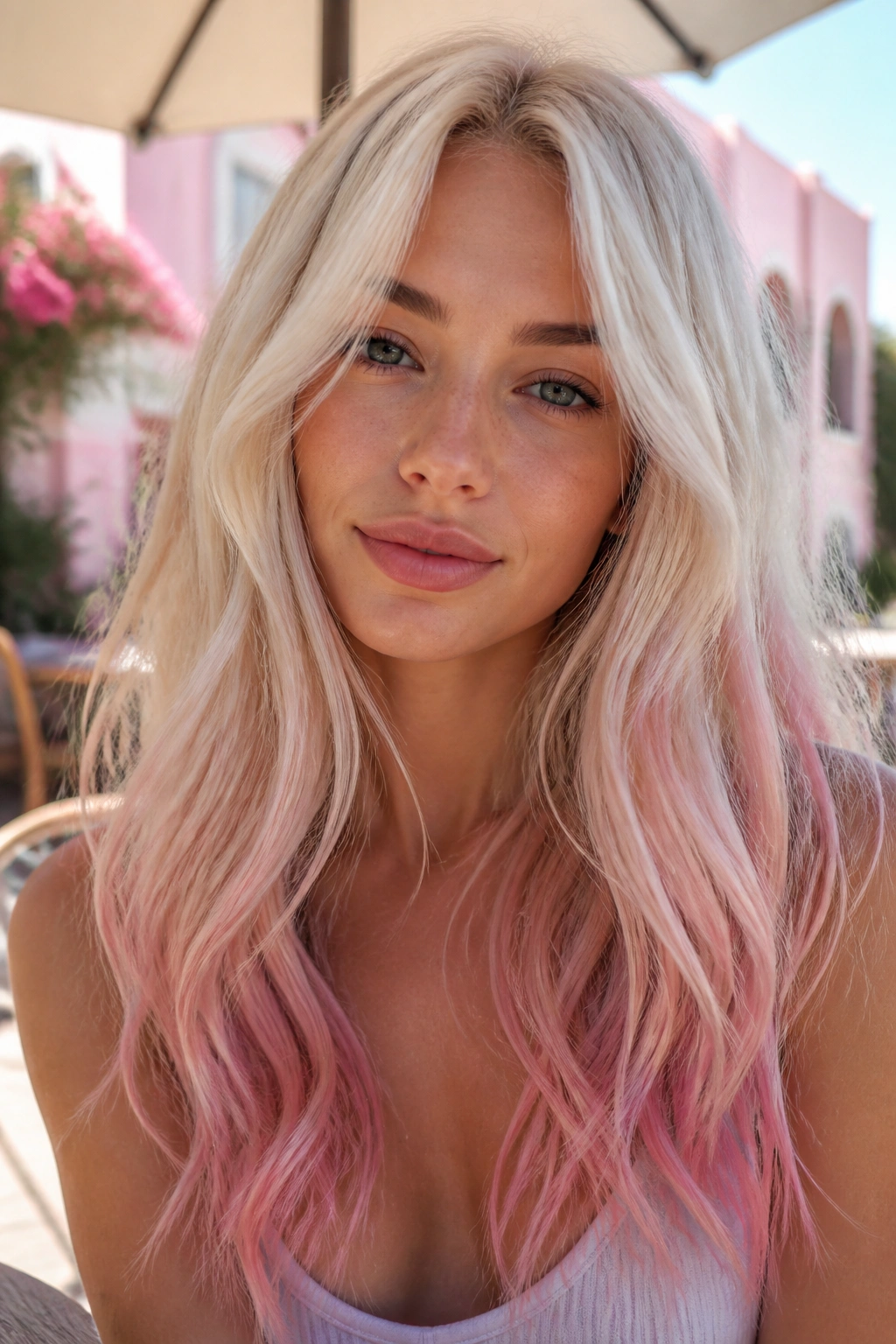 Close-up portrait of a real woman with cotton candy blonde hair and pink ends
