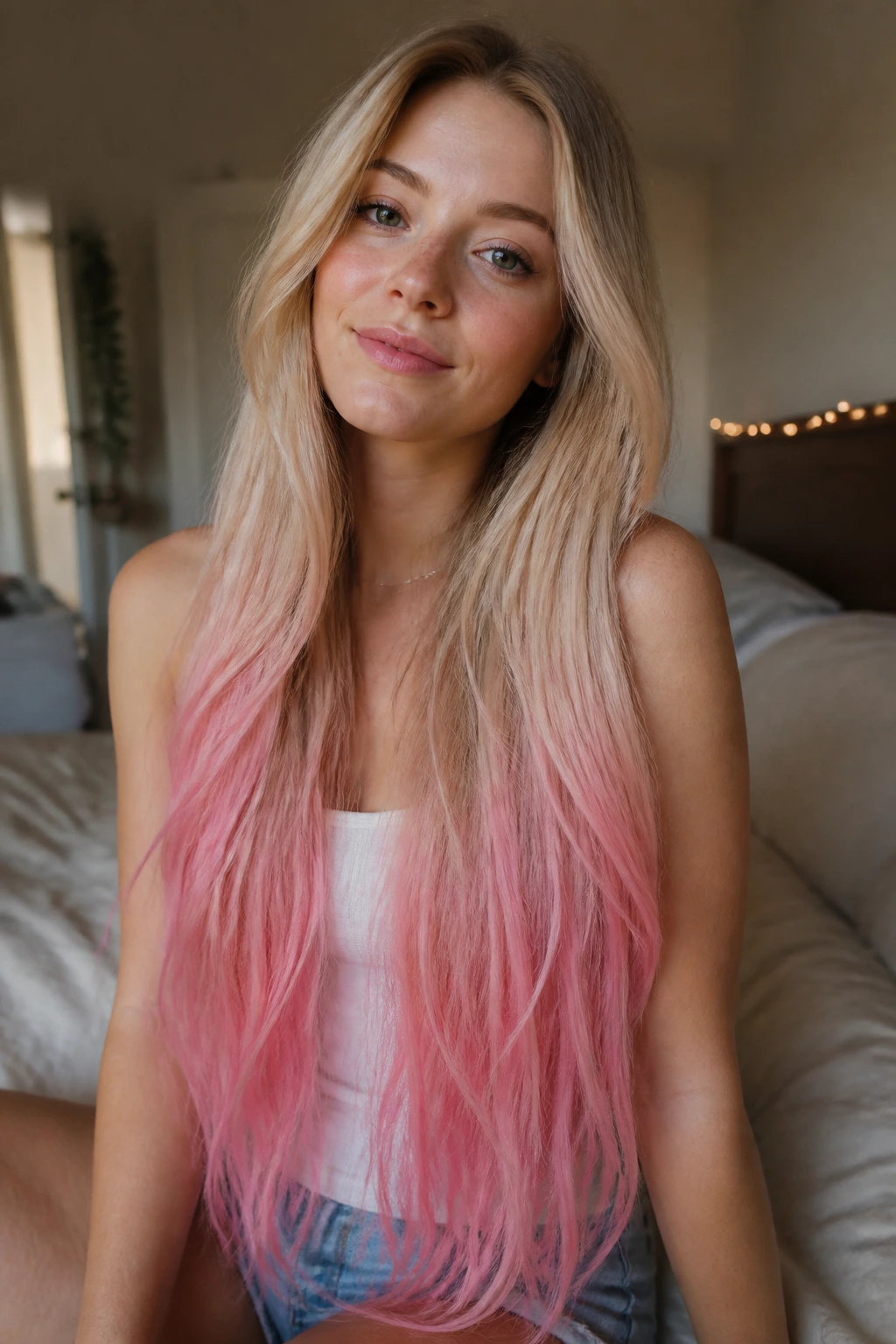 Close-up of real woman with waist-length hair showing cotton candy pink dip-dye at the ends