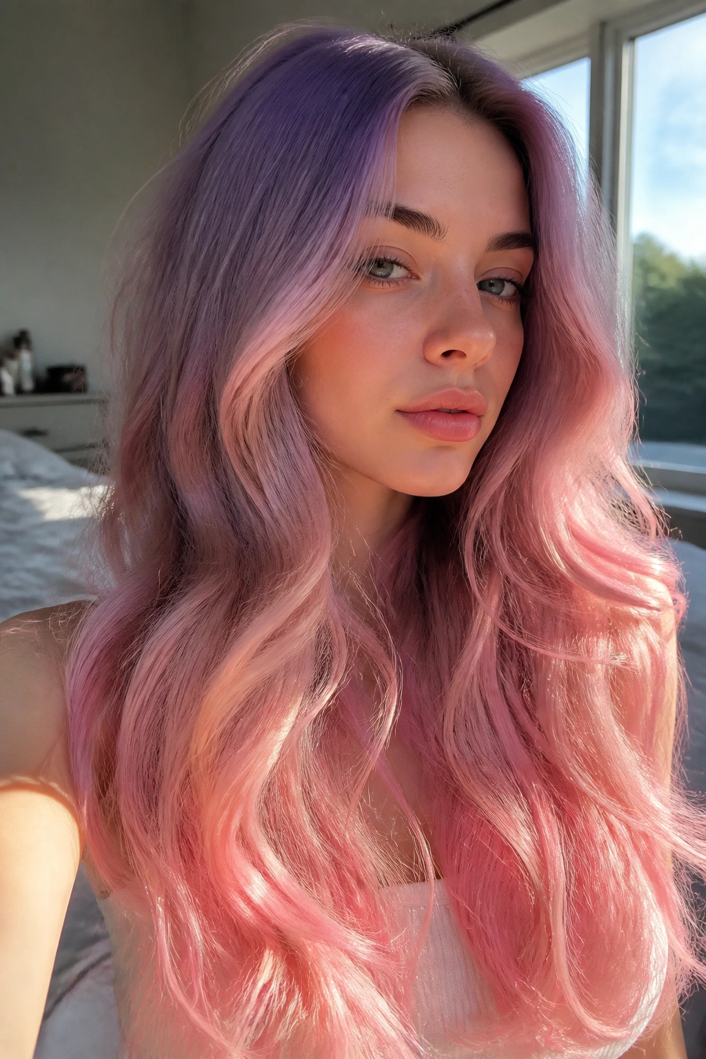 Close-up portrait of a real woman with long hair transitioning from blush midlengths to cotton candy pink ends