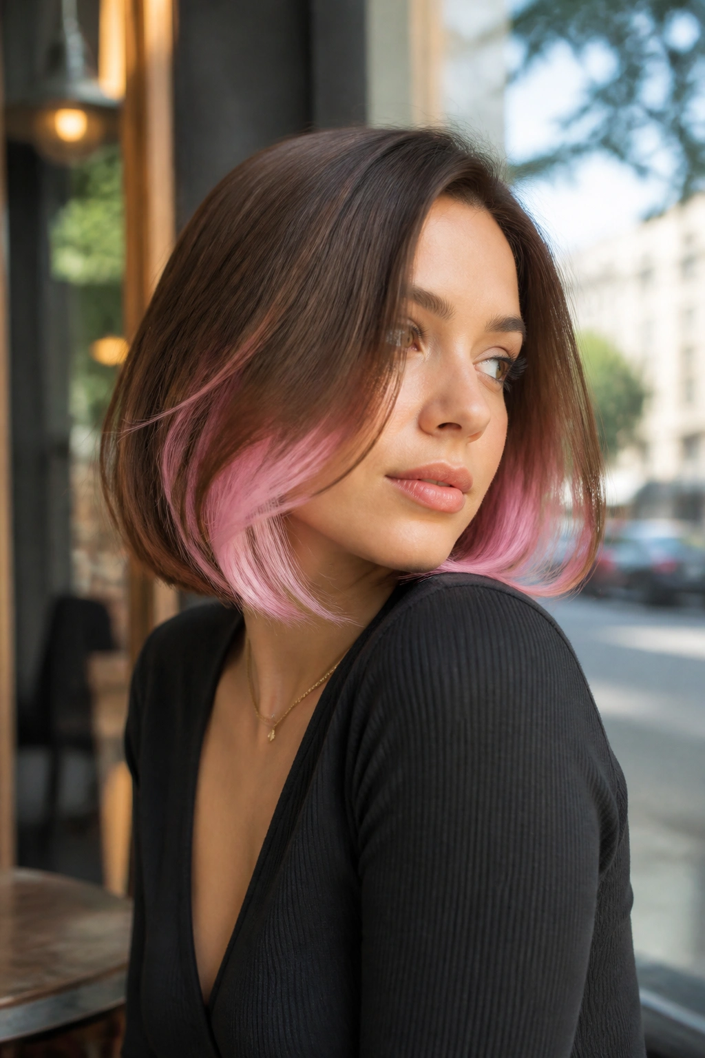 Close-up of a real woman with a straight bob and pink peekaboo underlayer