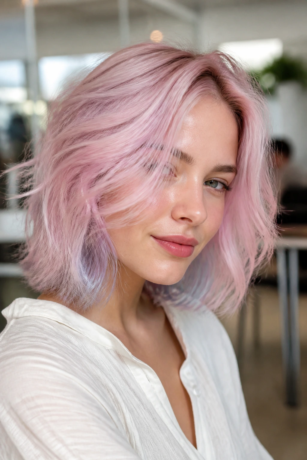 Close-up portrait of a real woman with blue-based cotton candy pink hair.