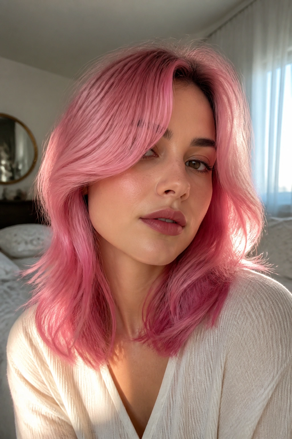 Cotton candy pink curtain-bang layers close-up on real person with shoulder-length hair