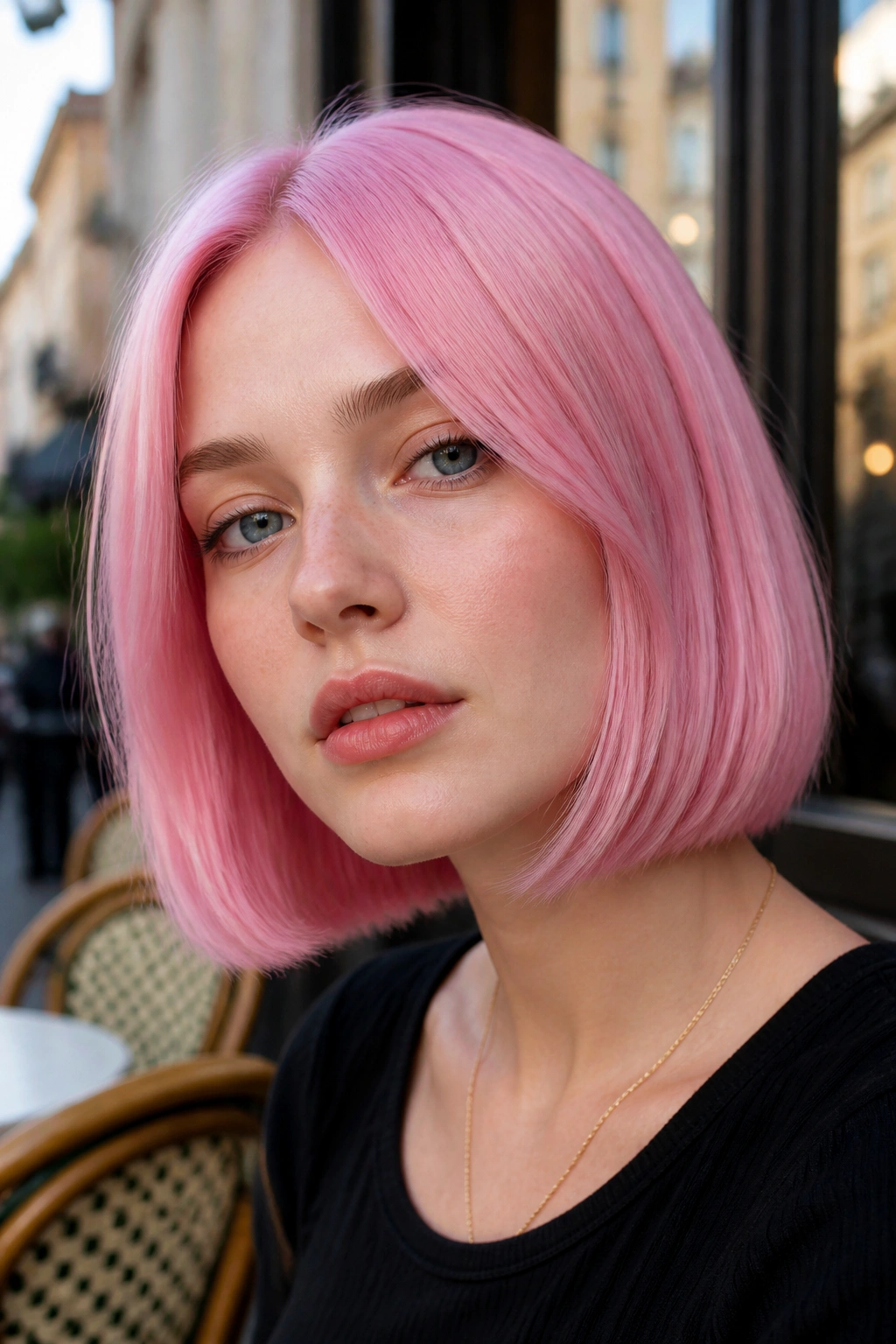 Close-up portrait of a real woman with cotton candy pink hair in a blunt bob