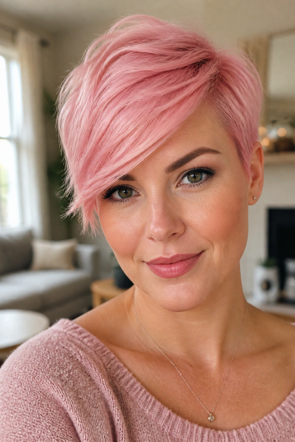 Close-up of a real woman with cotton candy pink pixie and long side fringe in a sunlit living room