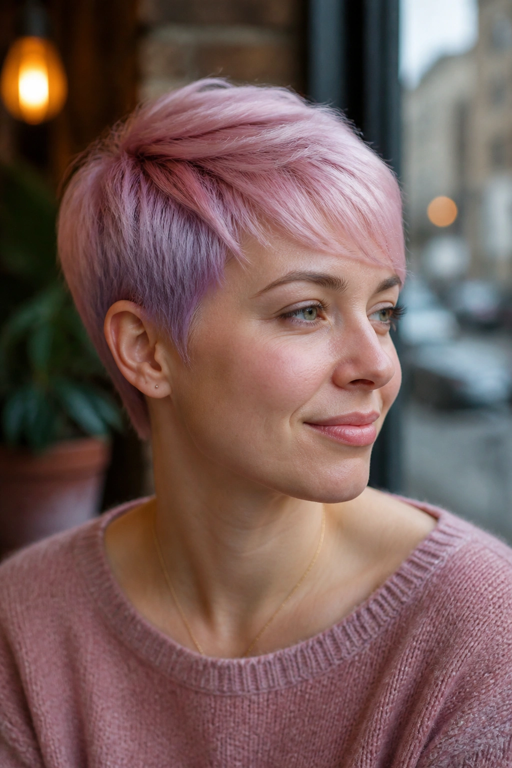Close-up of a real person wearing a cotton candy two-tone pixie with pink and lilac tones.