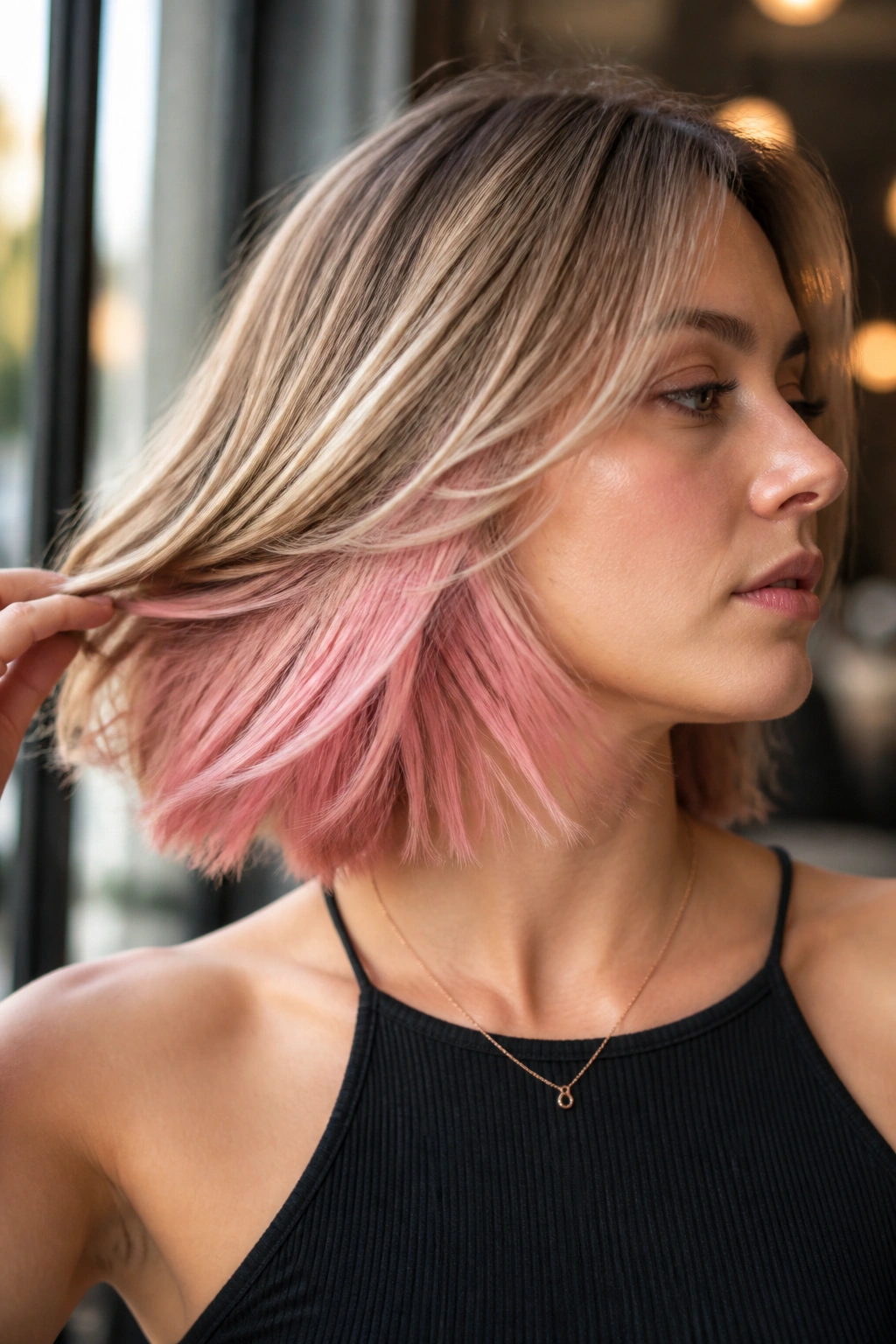 Woman with hidden cotton candy rose underlayer visible as hair moves