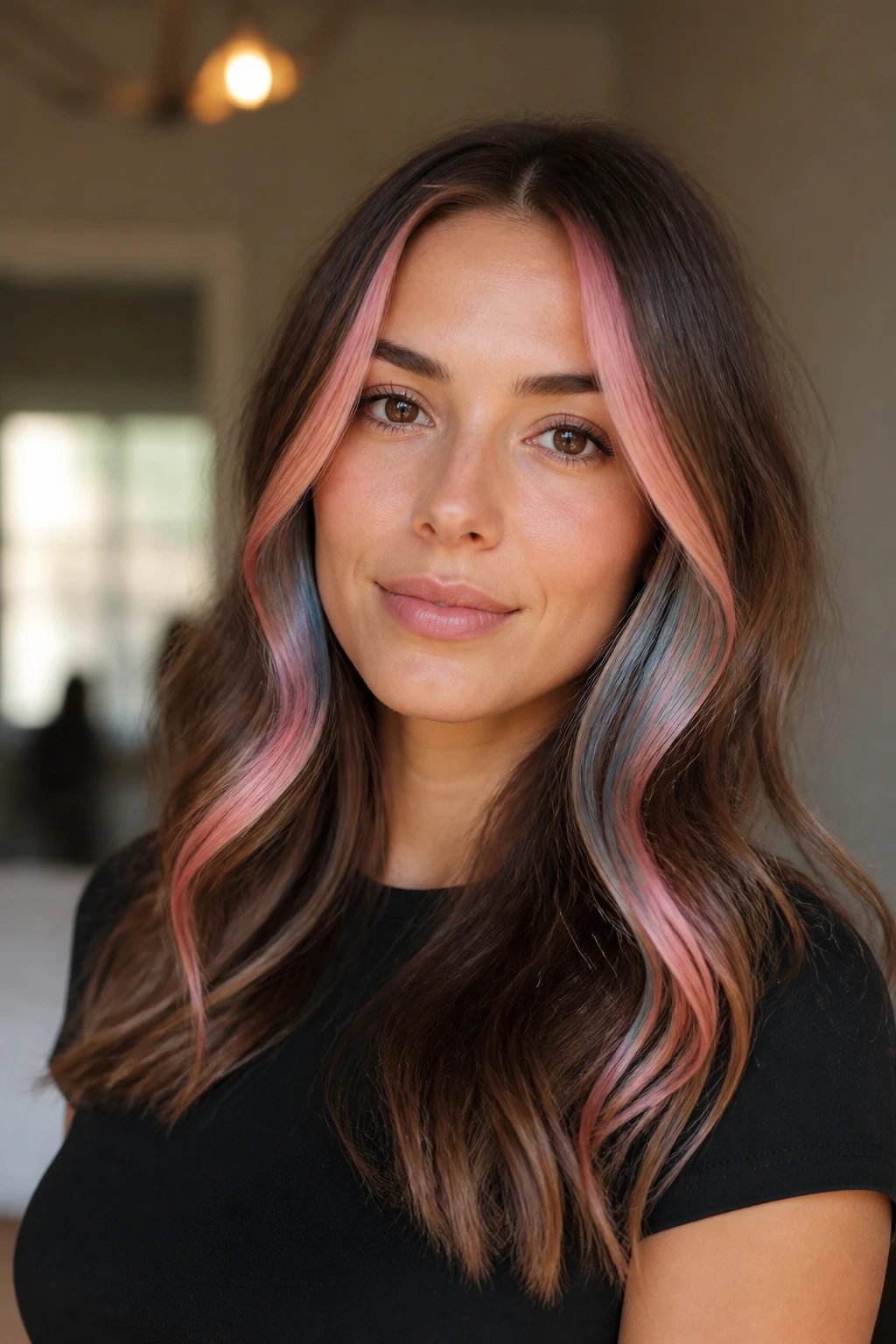Brunette with pink and blue face-framing cotton candy streaks
