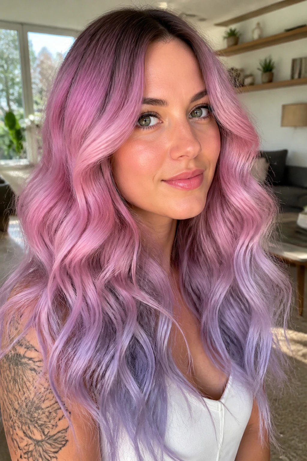 Close-up of a real woman with cotton candy violet fade in long curls