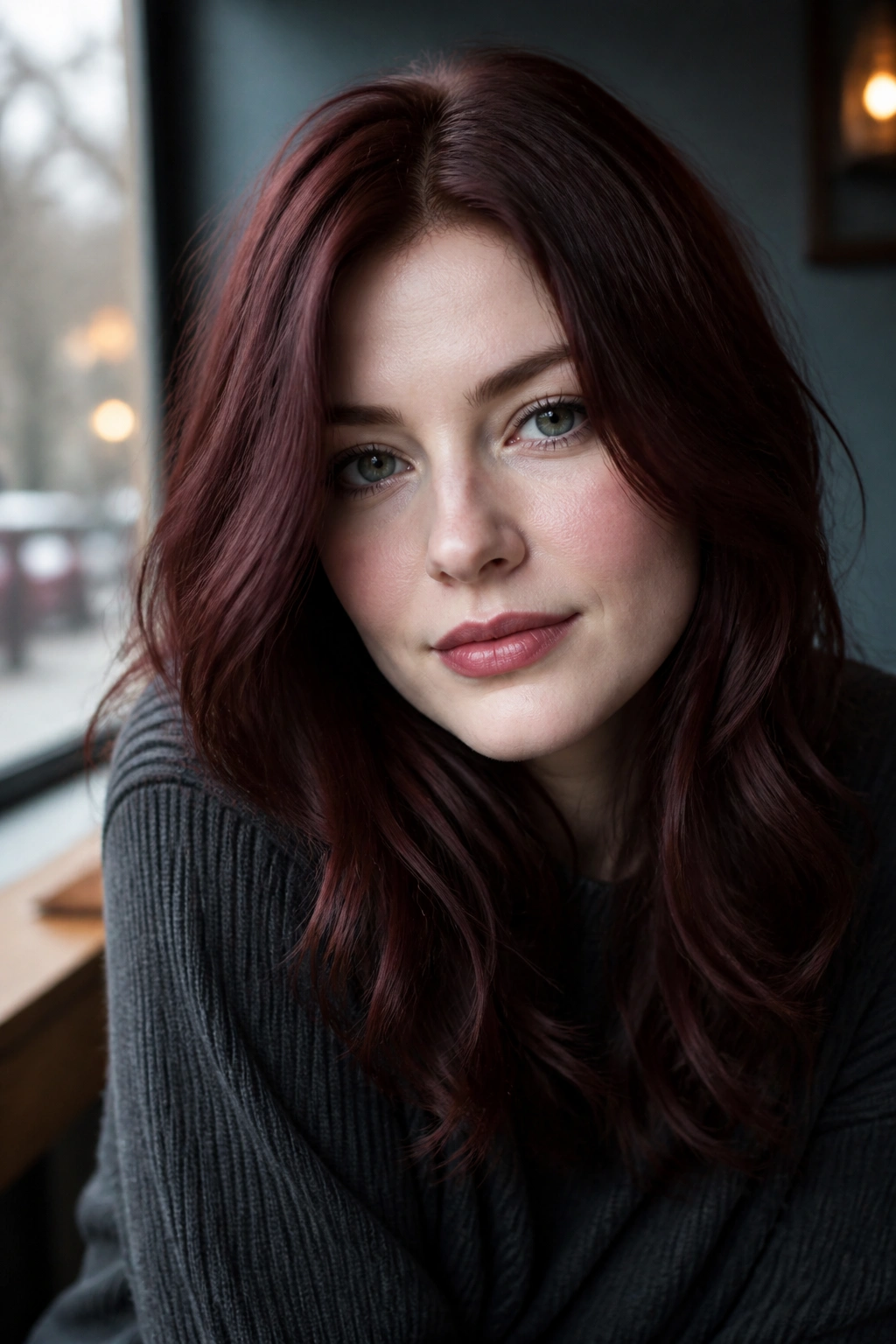 Close-up of a real woman with cranberry auburn hair and cool-toned surroundings
