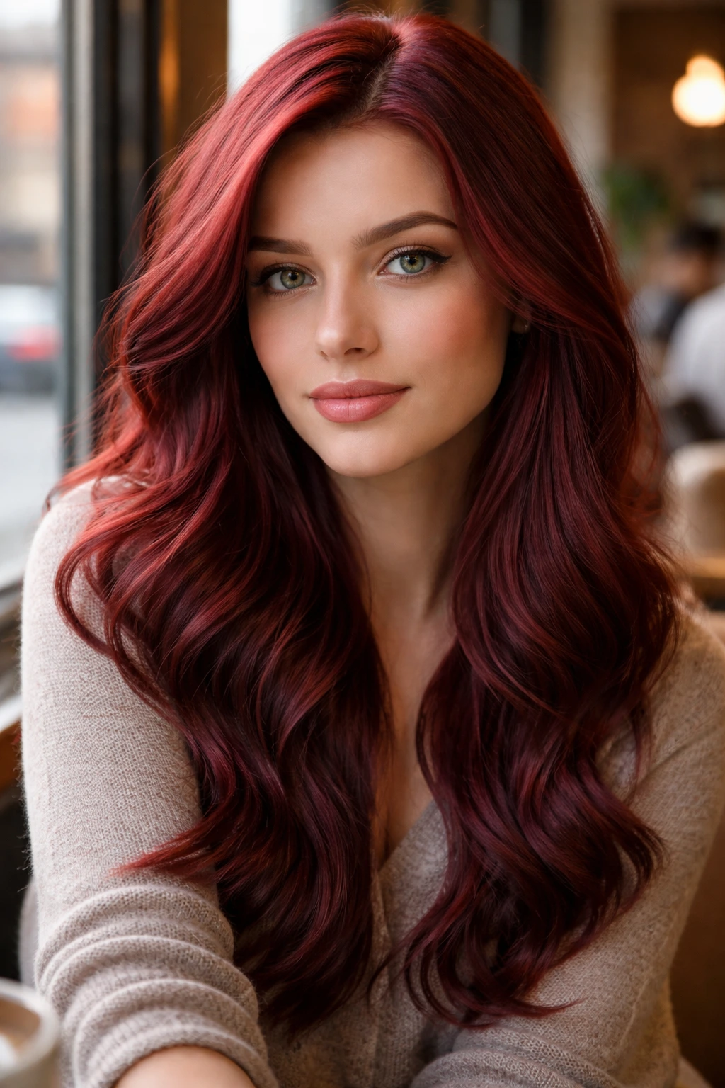 Close-up portrait of a real woman with Cranberry Auburn hair