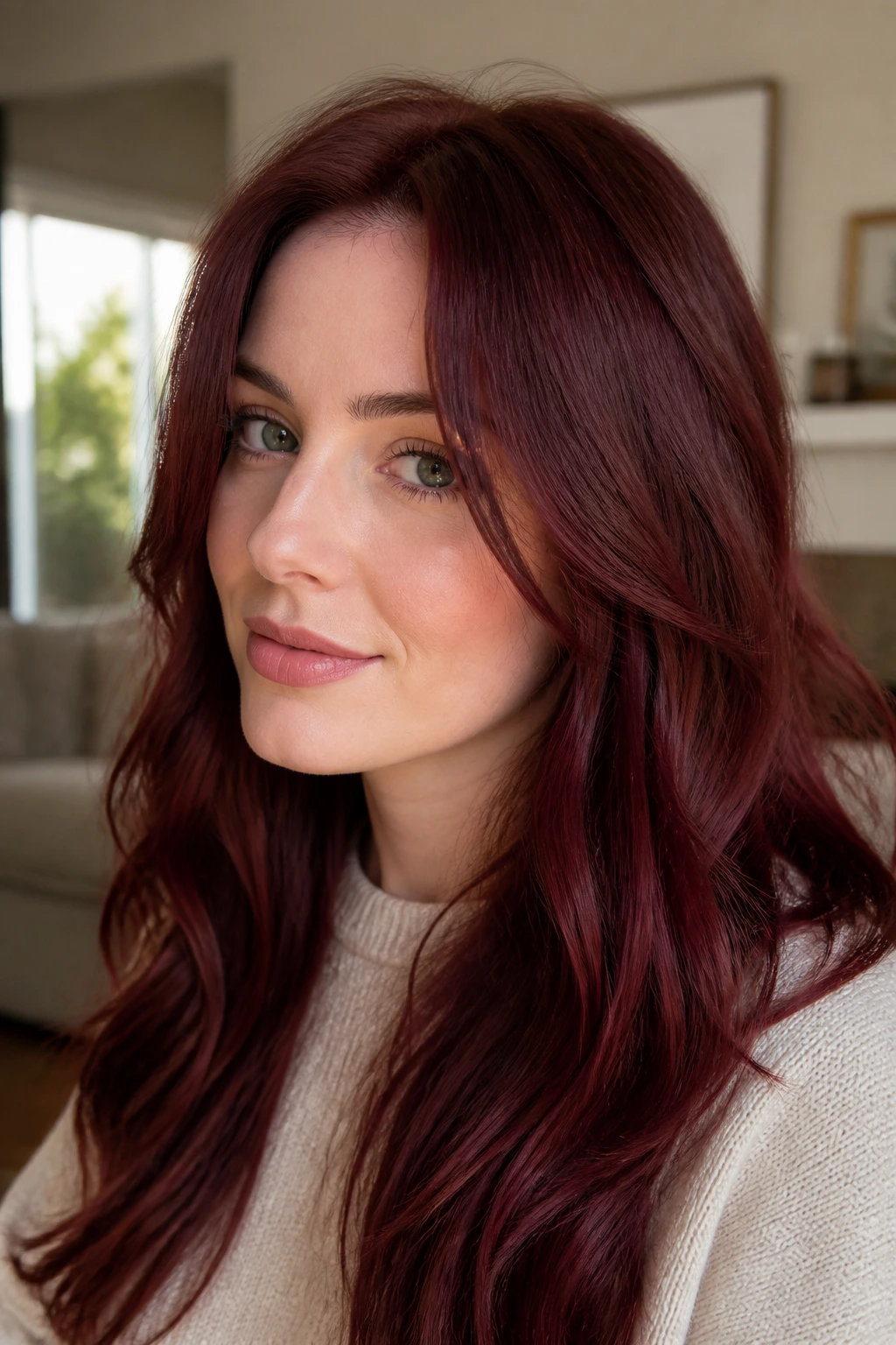 Close-up portrait of a woman with cranberry auburn hair in a cozy living room with window light