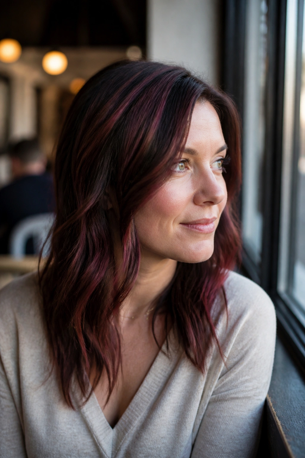 Close-up of a real woman with Cranberry Auburn Highlights in daylight