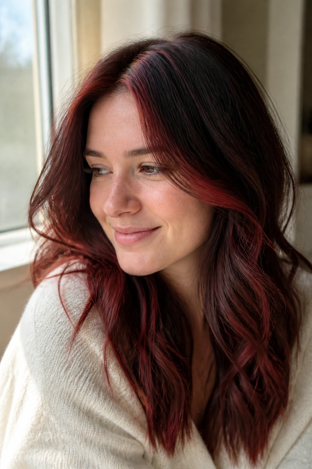 Close-up portrait of cranberry auburn highlights in brown hair around part line and ends.