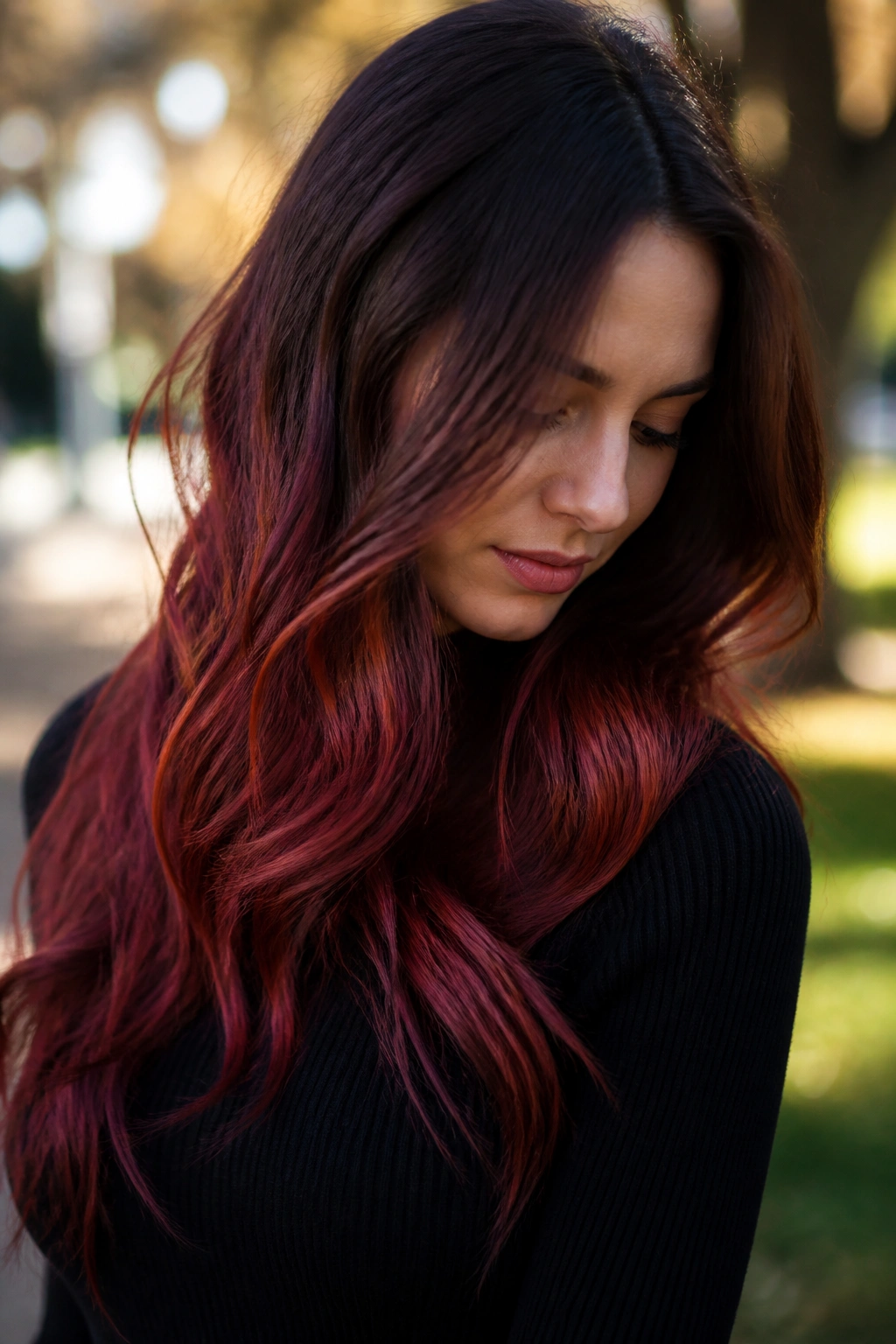 Close-up portrait of a real woman with cranberry auburn ombré on long brunette-to-cranberry hair