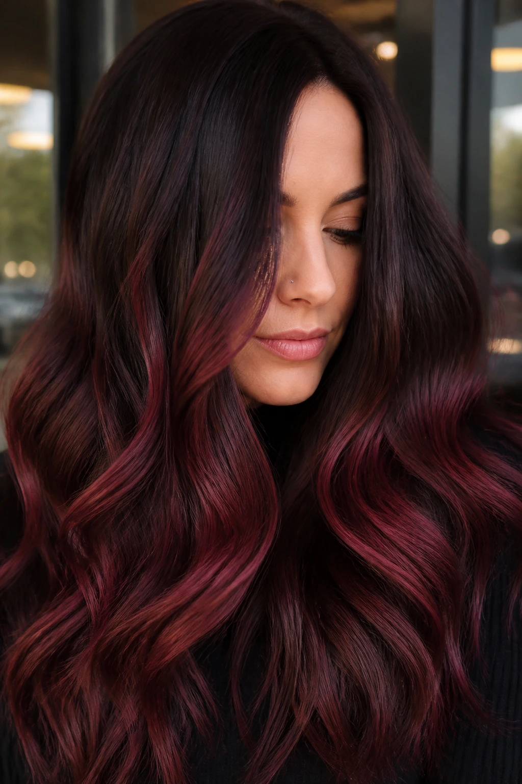 Close-up portrait of brunette with cranberry balayage highlighting lower mids and ends