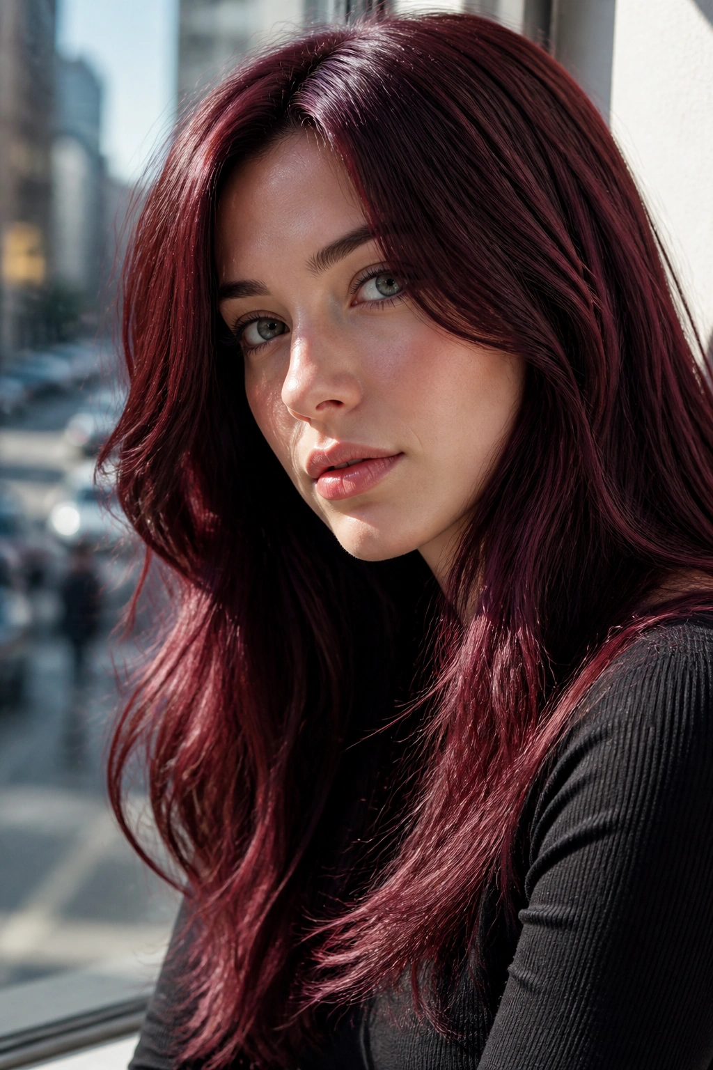 Close-up of a real woman with cranberry brown hair in morning light