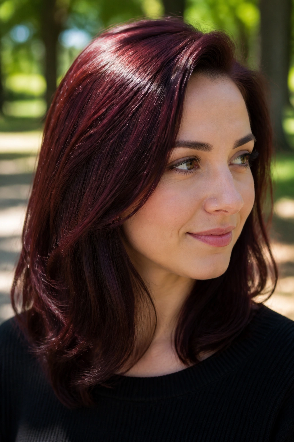 Close-up of cranberry brown gloss on mid-length hair in sunlight