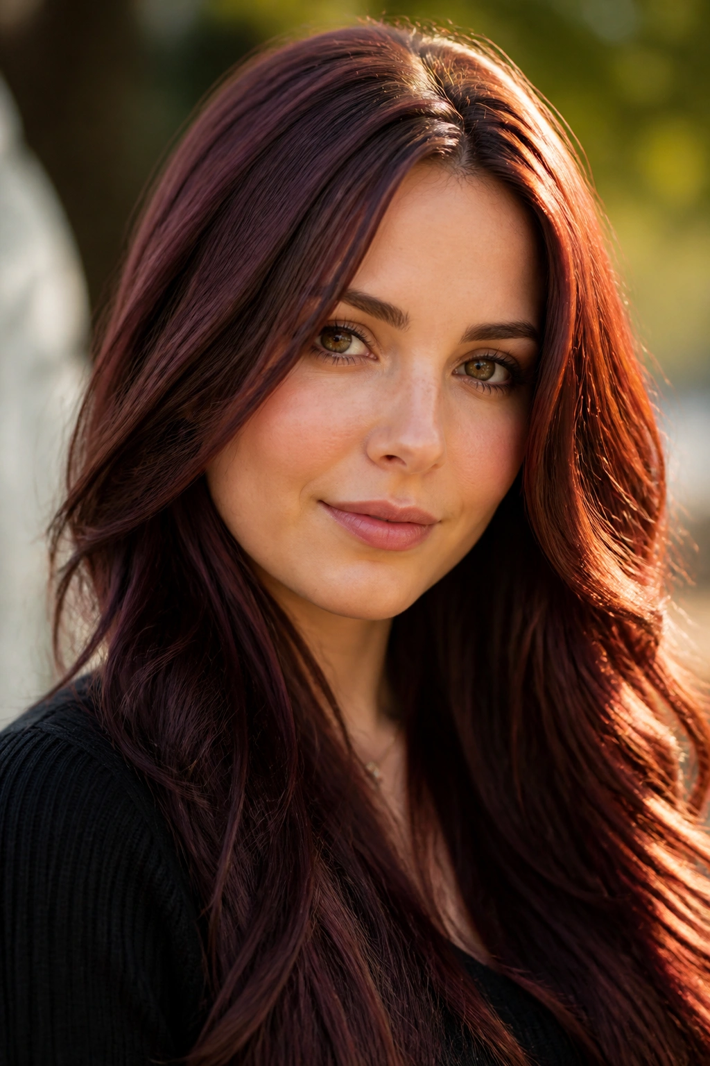 Close-up of a real woman with Cranberry Brown hair outdoors at golden hour