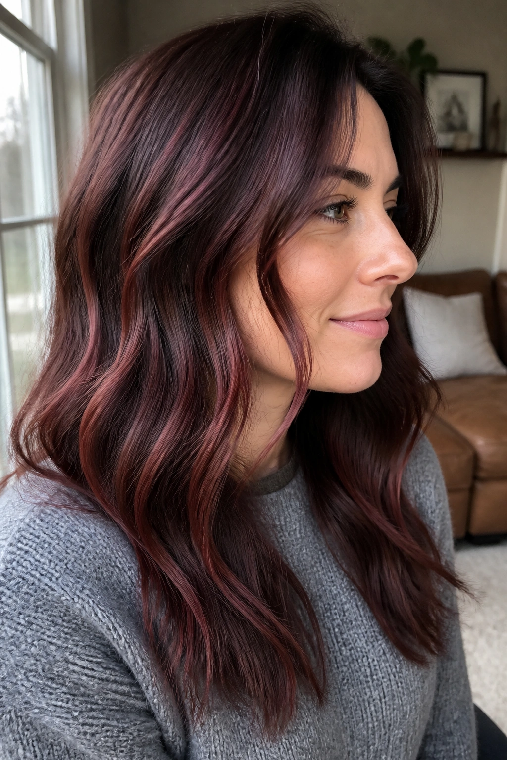 Close-up portrait with fine cranberry babylights through medium brown hair