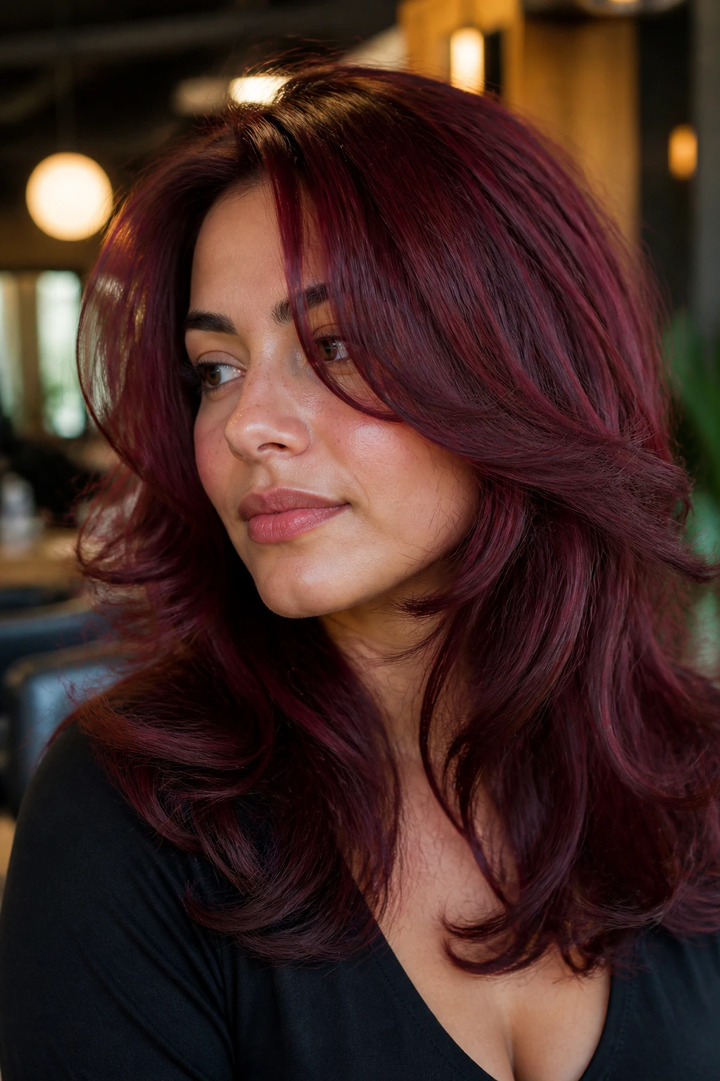 Portrait of a real woman with cranberry burgundy hair and feathered layers