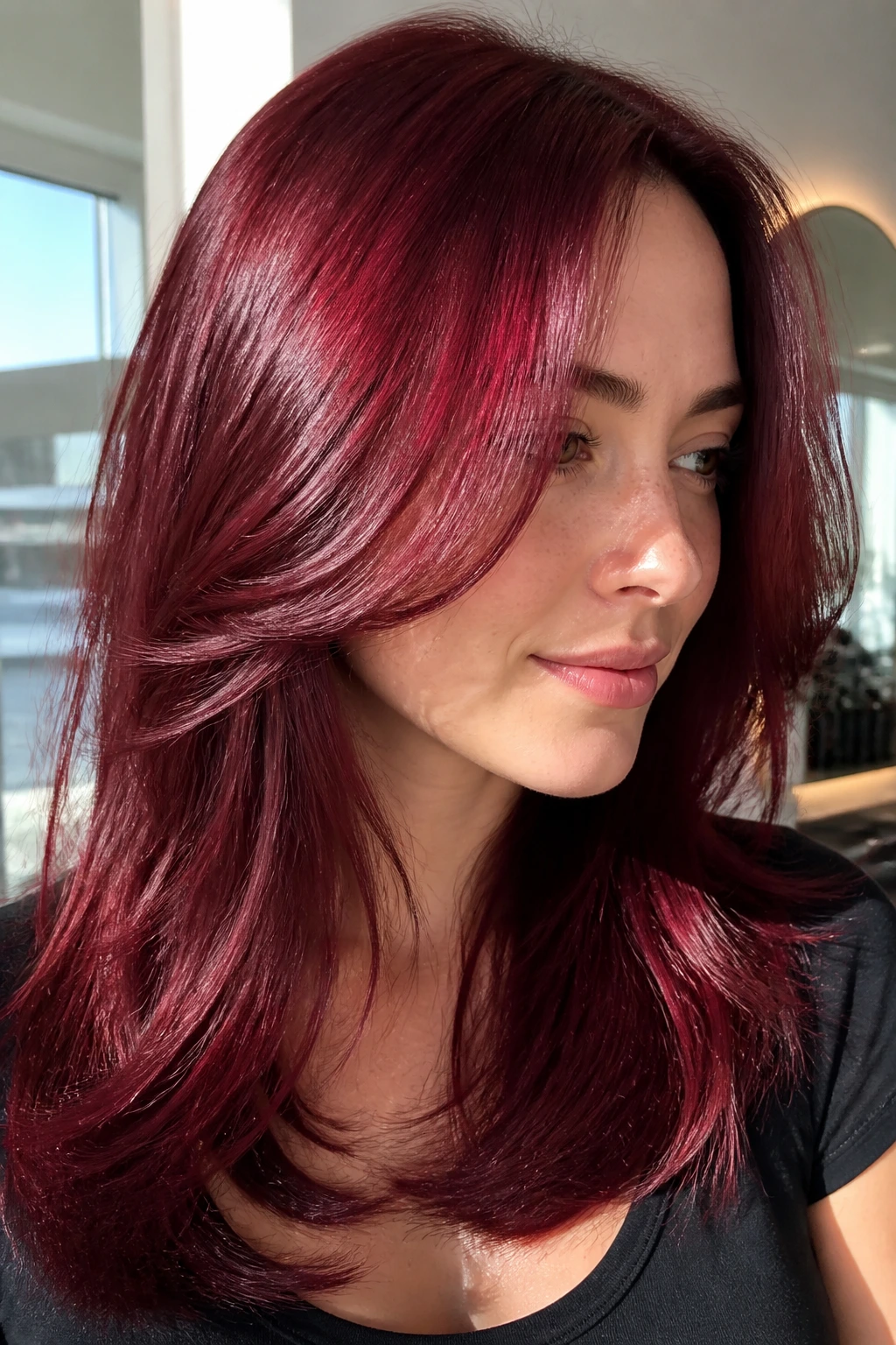 Close-up of a real woman with Cranberry Burgundy Gloss hair in salon window light
