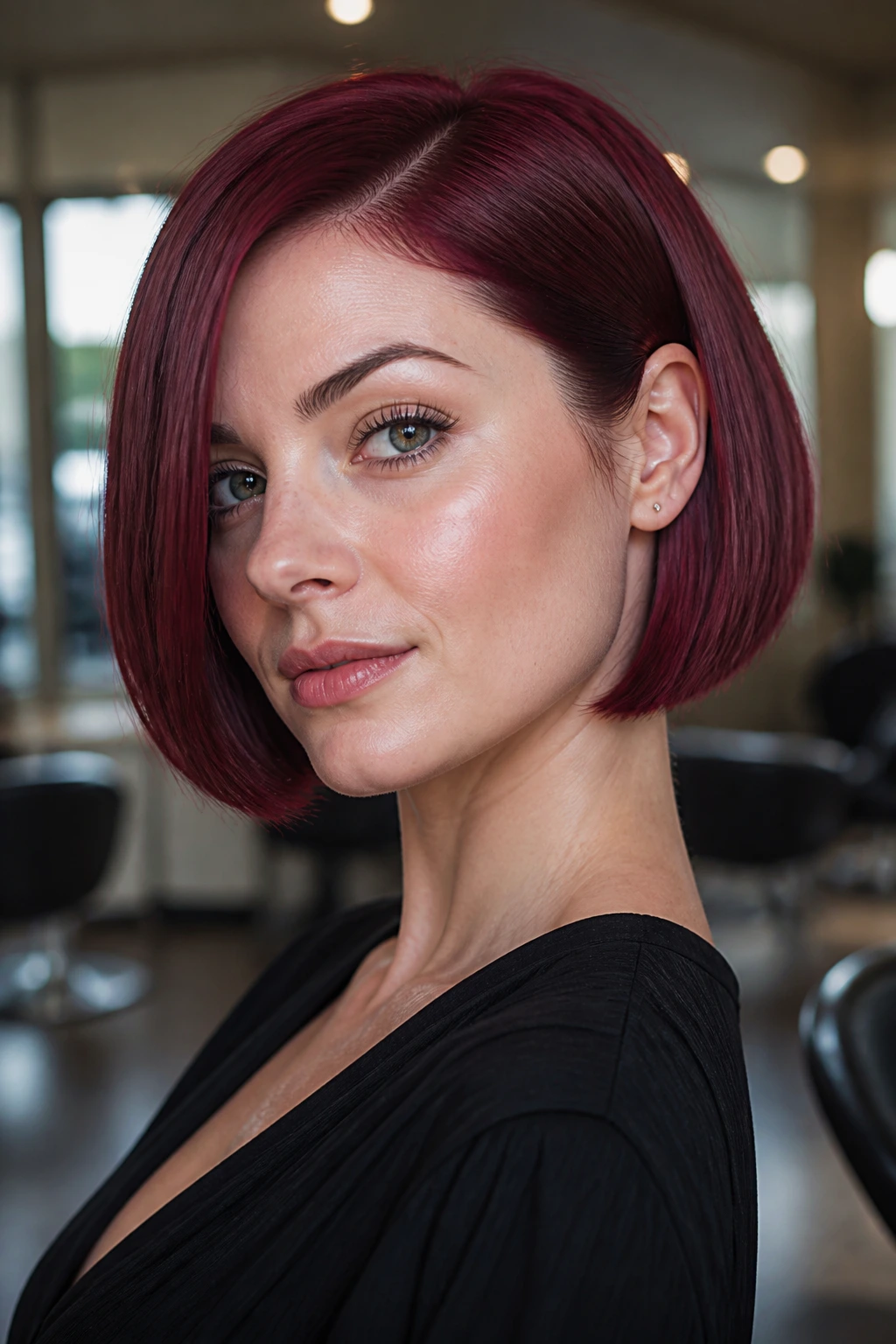 Close-up of a real woman with a chin-length cranberry cherry bob and sharp blunt ends.