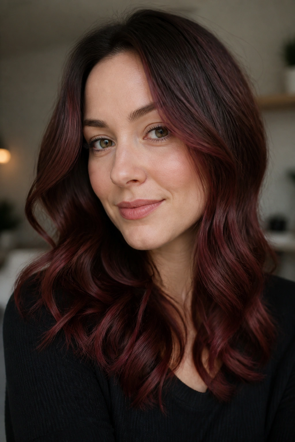 Close-up portrait of a real woman with cranberry chestnut hair under soft lighting